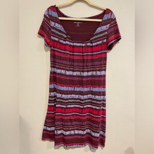 Women’s Eddie Bauer dress. Plum with strips and cap sleeves. Size XS